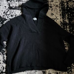 aerie Black V-Neck Hooded Knit Sweater